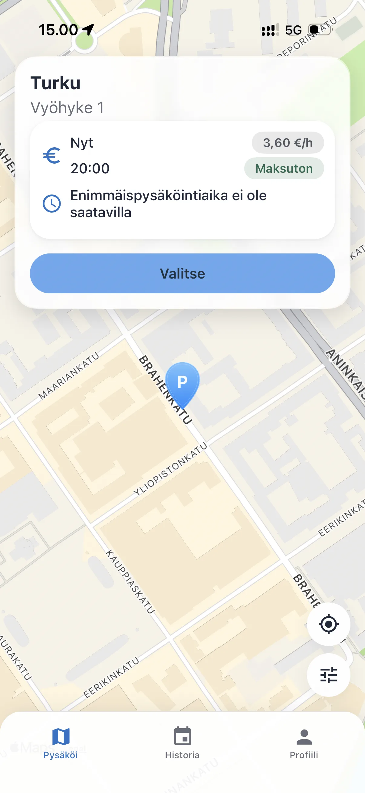 KatuParkki-sovellus näyttää Helsingin pysäköintivyöhykkeen kartalla ja tuntihinnan ennen pysäköinnin aloittamista.