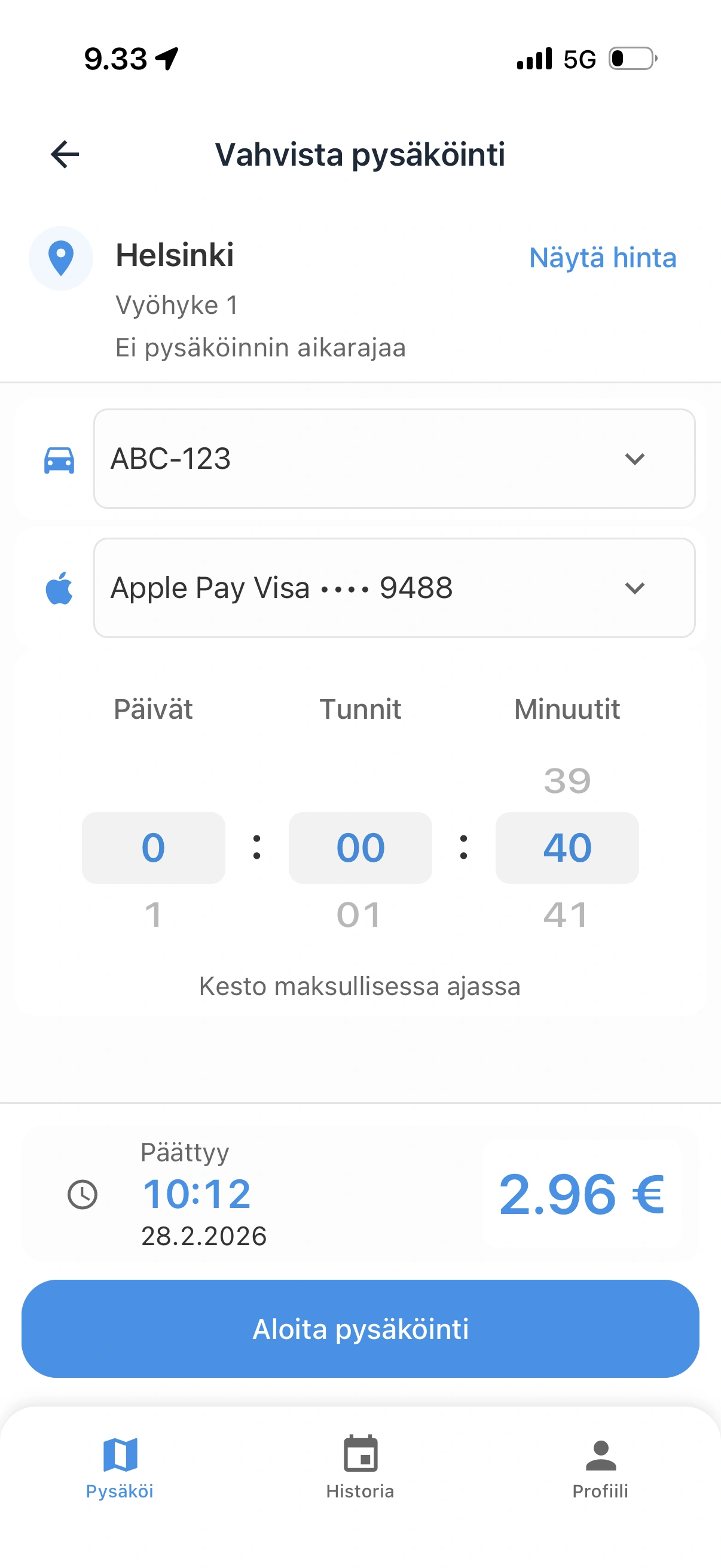 Käynnistä pysäköinti nopeasti