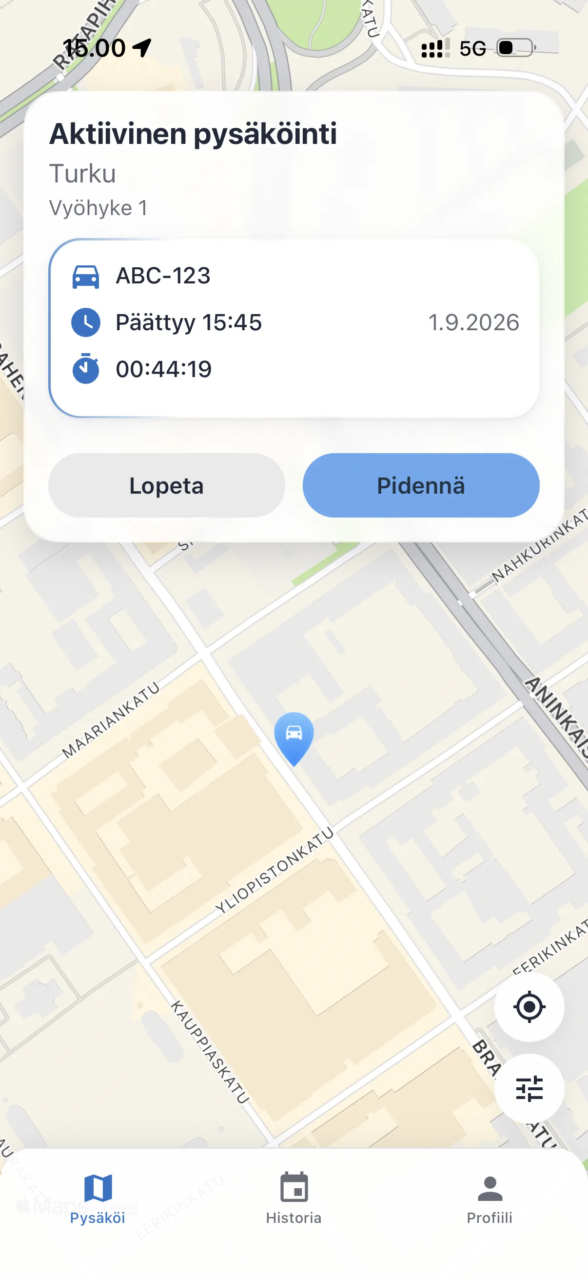 Sovelluksen näkymä käynnissä olevasta pysäköinnistä, jossa voi jatkaa tai lopettaa pysäköinnin.